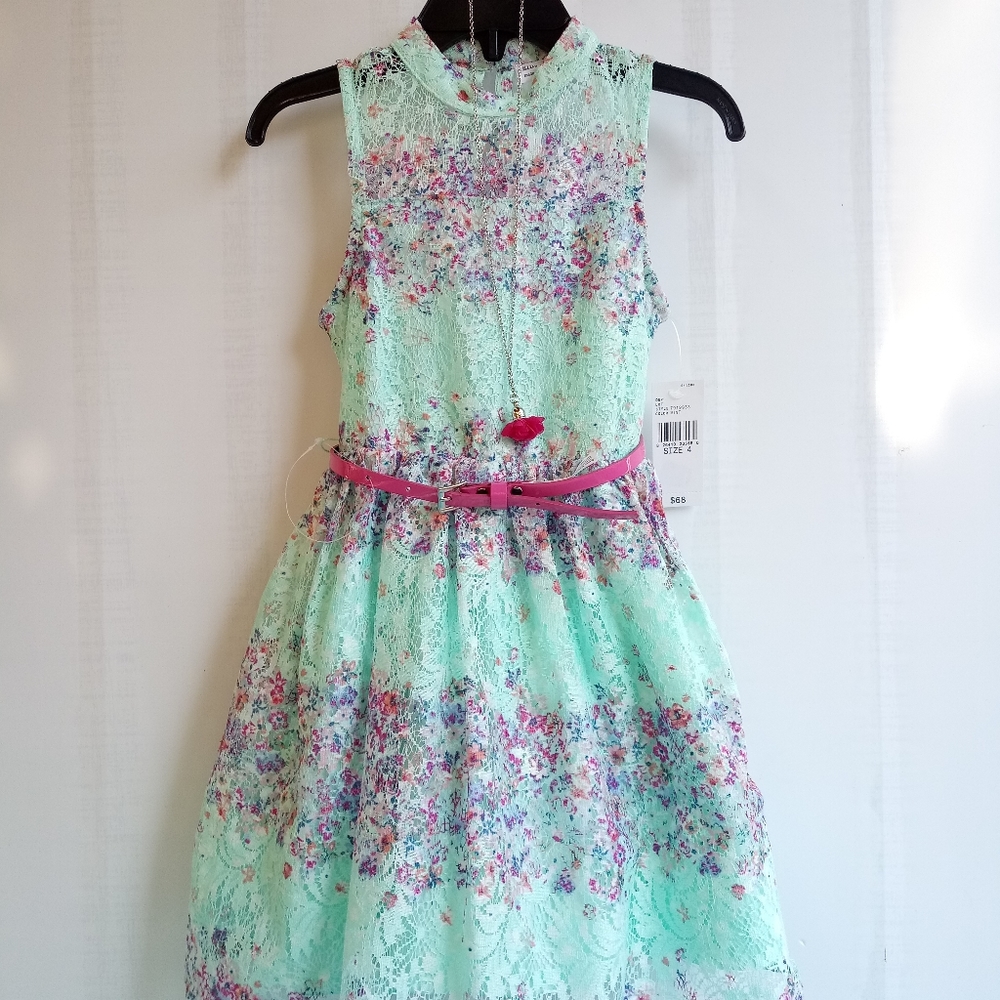 NWT Knit works Girl's Belted Floral A-line Dress Sleeveless Size 4